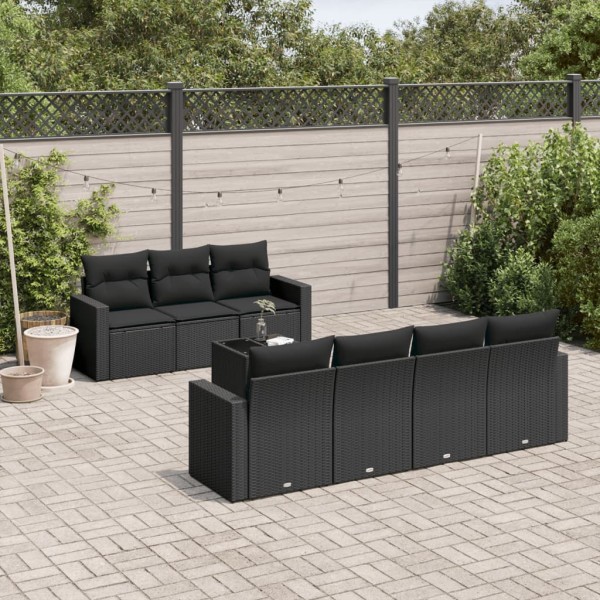 Sofa set with cushions, 8 pieces, black, polyrattan