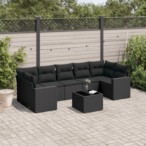 Sofa set with cushions, 8 pieces, black, polyrattan