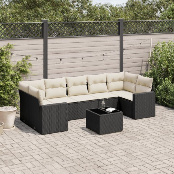 Sofa set with cushions, 8 pieces, black, polyrattan
