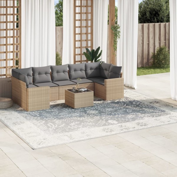 Sofa set with cushions, 8 pieces, sand, polyrattan