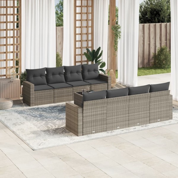 Sofa set with cushions, 9 pieces, gray, polyrattan