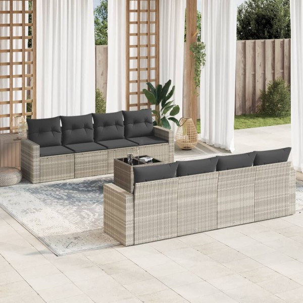 Sofa set with cushions, 9 pieces, gray, polyrattan