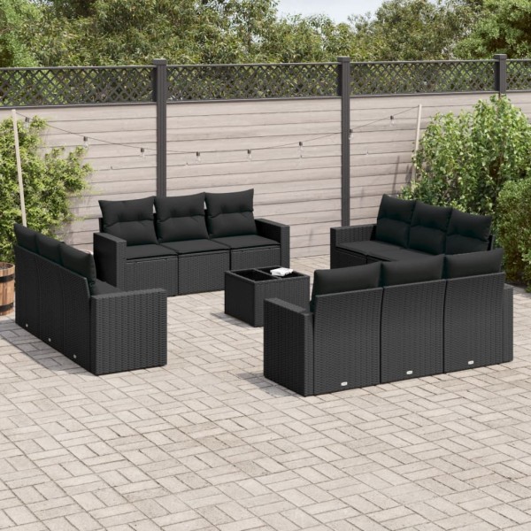 Sofa set with cushions, 13 pieces, black, polyrattan