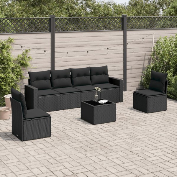 Sofa set with cushions, 7 pieces, black, polyrattan