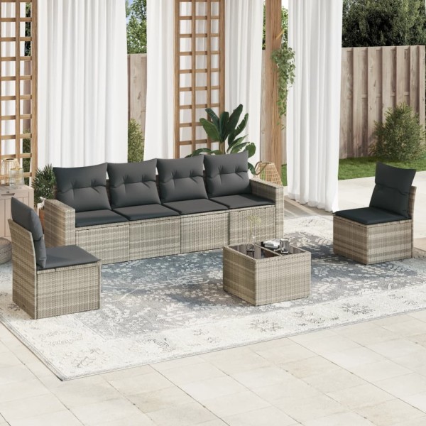 Sofa set with cushions, 7 pieces, gray, polyrattan