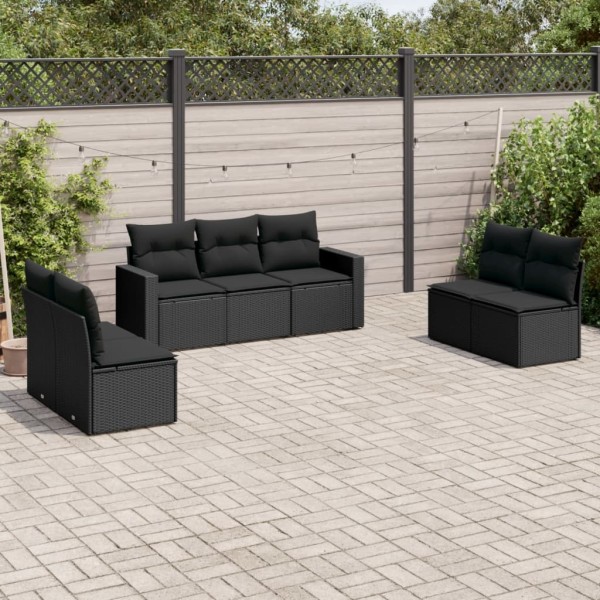 Sofa set with cushions, 7 pieces, black, polyrattan
