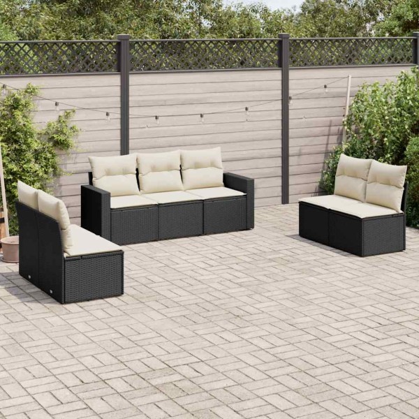 Sofa set with cushions, 7 pieces, black, polyrattan