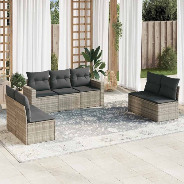 Sofa set with cushions, 7 pieces, gray, polyrattan