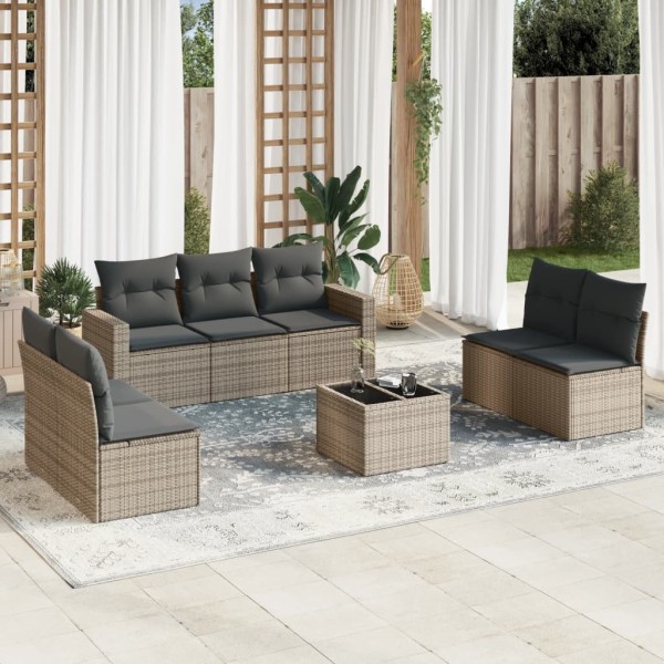 Garden set with cushions, 8 pieces, gray, polyrattan