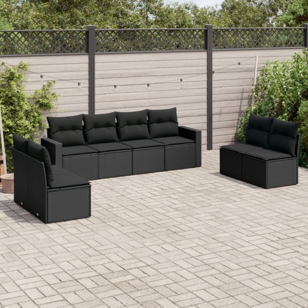 Sofa set with cushions, 8 pieces, black, polyrattan