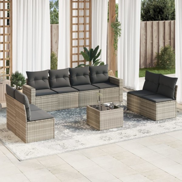 Sofa set with cushions, 9 pieces, gray, polyrattan