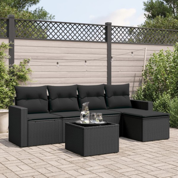 Sofa set with cushions, 6 pieces, black, polyrattan