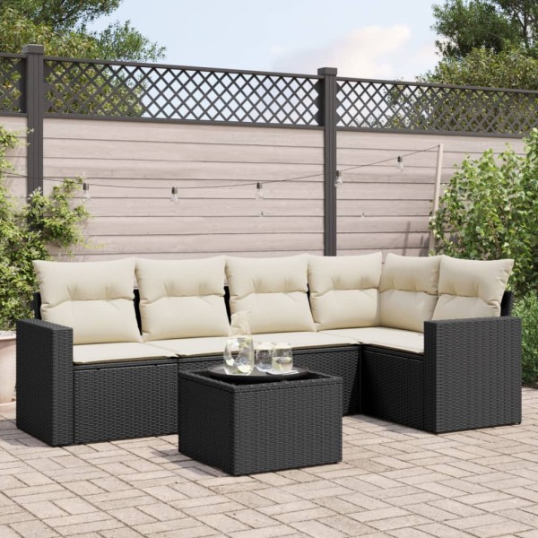 Sofa set with cushions, 6 pieces, black, polyrattan