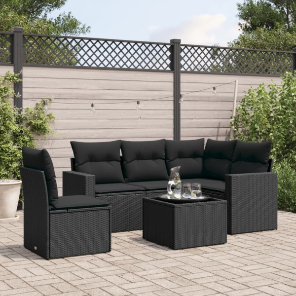 Sofa set with cushions, 6 pieces, black, polyrattan