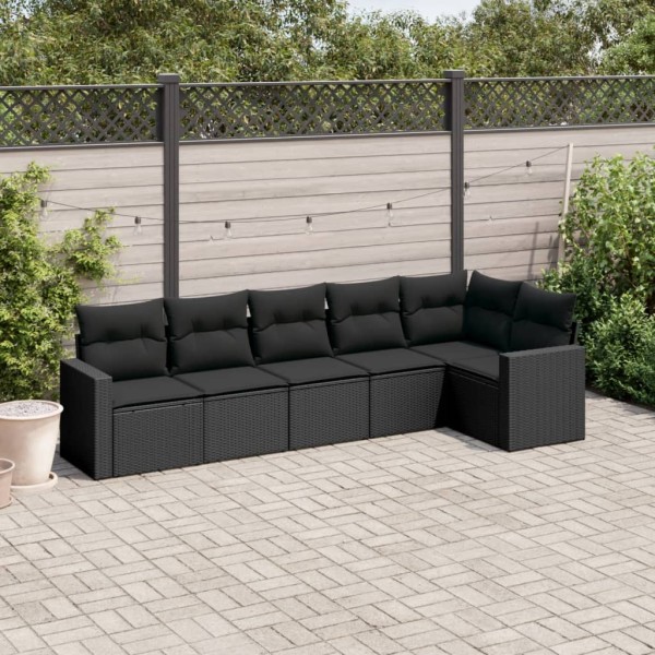 Sofa set with cushions, 6 pieces, black, polyrattan