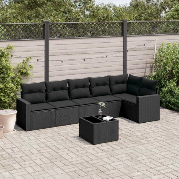 Sofa set with cushions, 7 pieces, black, polyrattan