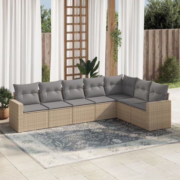 Sofa set with cushions, 7 pieces, sand, polyrattan