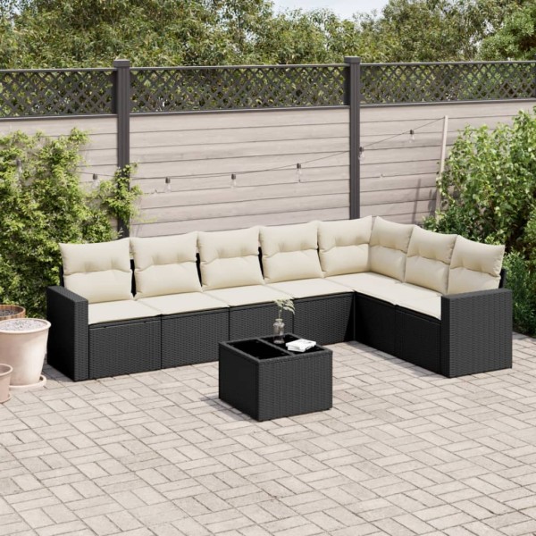 Sofa set with cushions, 8 pieces, black, polyrattan