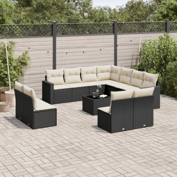 Sofa set with cushions, 12 pieces, black, polyrattan