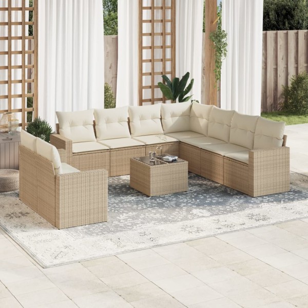 Sofa set with cushions, 10 pieces, sand, polyrattan