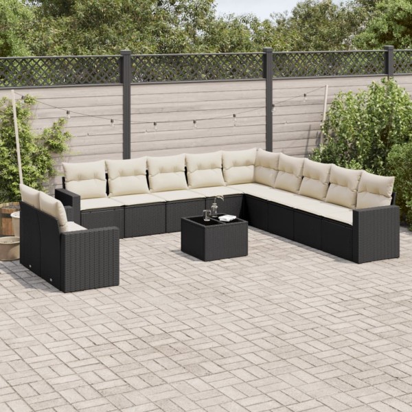 Sofa set with cushions, 12 pieces, black, polyrattan