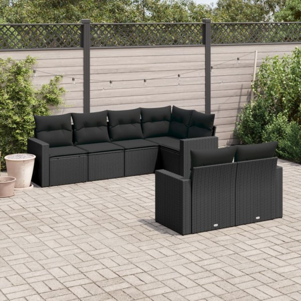 Sofa set with cushions, 7 pieces, black, polyrattan