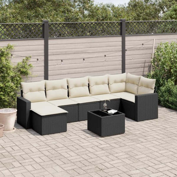 Sofa set with cushions, 8 pieces, black, polyrattan