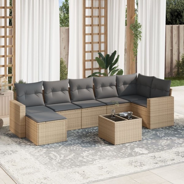 Sofa set with cushions, 8 pieces, sand, polyrattan