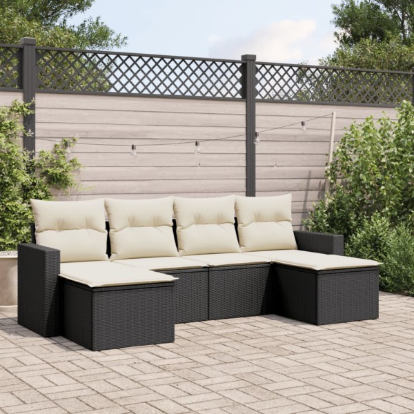 Sofa set with cushions, 6 pieces, black, polyrattan