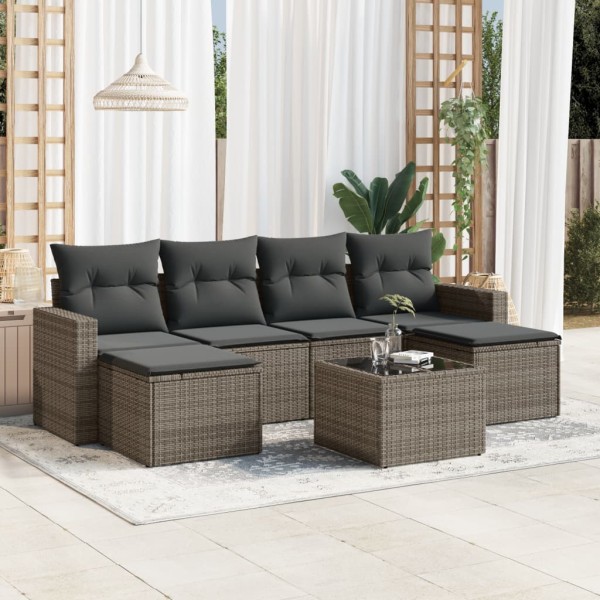 Sofa set with cushions, 7 pieces, gray, polyrattan