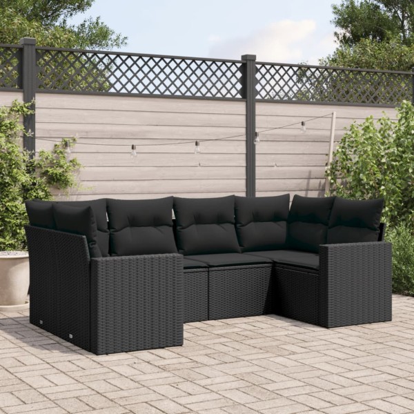 Sofa set with cushions, 6 pieces, black, polyrattan