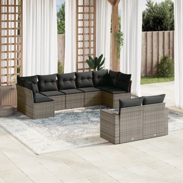 Sofa set with cushions, 9 pieces, gray, polyrattan