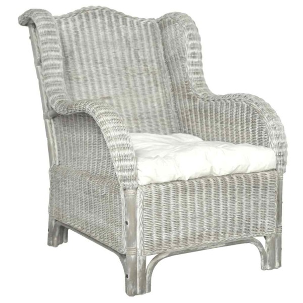 Armchair with cushion, grey, natural rattan and linen