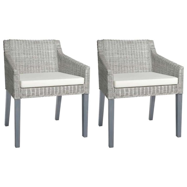 Dining chairs with pillows, 2 pcs., gray, natural rattan