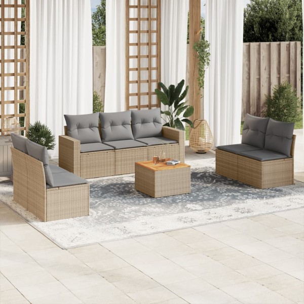 Sofa set with cushions, 8 pieces, sand, polyrattan