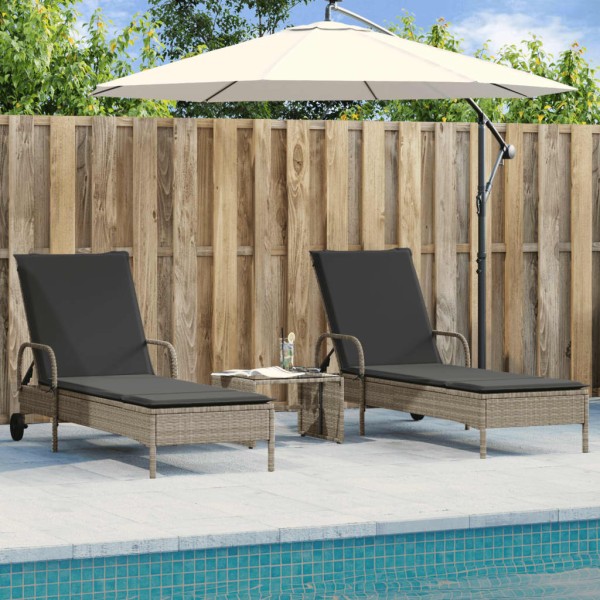 Sunbeds with cushions, 2 pcs., gray, polyrattan