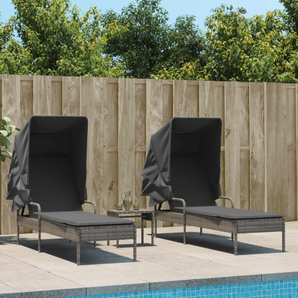 Sunbeds with arches/table, 2 pcs., gray, polyrattan