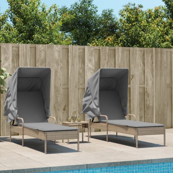 Sunbeds with arches/table, 2 pcs., sand, PE rattan