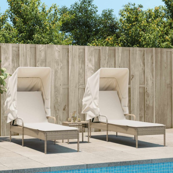 Sunbeds with arches/table, 2 pcs., sand, PE rattan