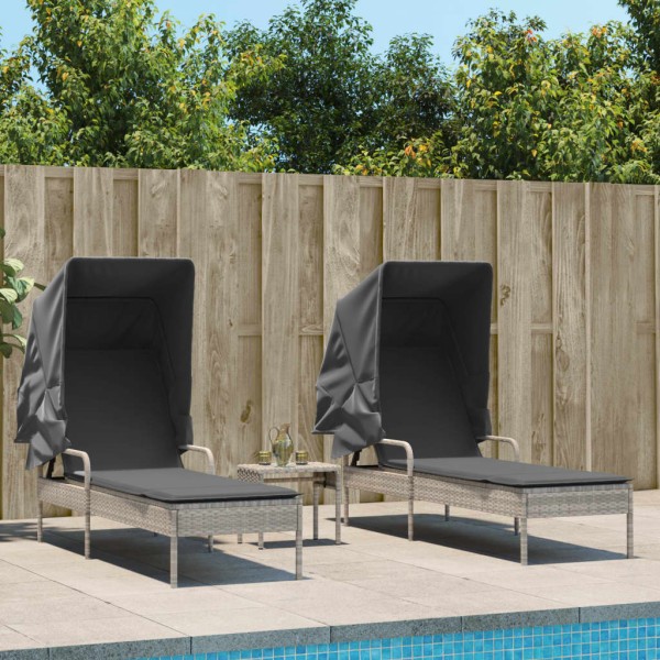 Sunbeds with arches/table, 2 pcs., gray, polyrattan