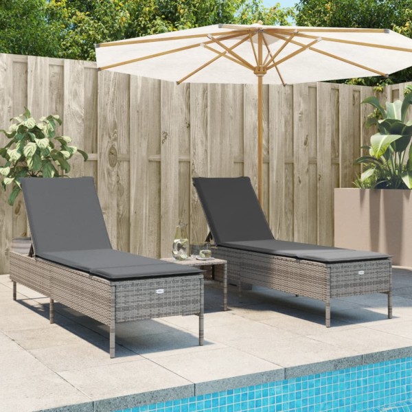 Sunbeds with cushions, 2 pcs., gray, polyrattan