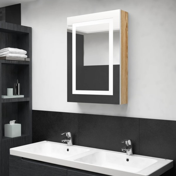 Mirror bathroom cabinet with LED, white and oak, 50x13x70cm