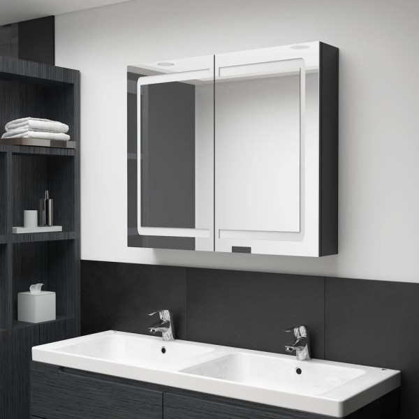 Mirror bathroom cabinet with LED, black, 80x12x68cm, glossy