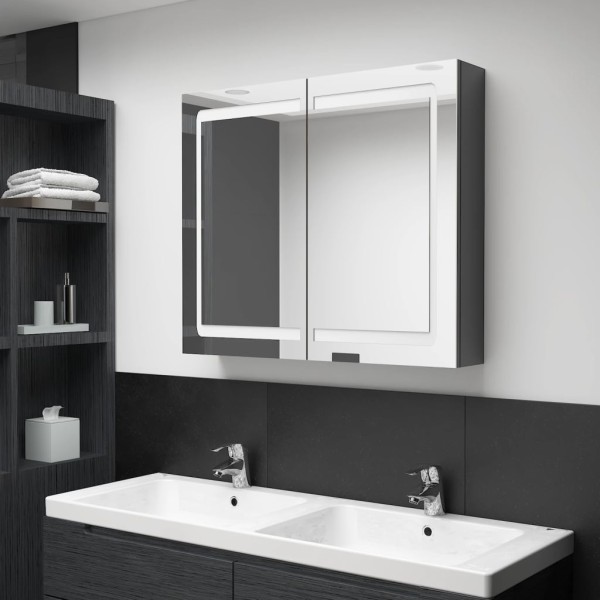 Mirror bathroom cabinet with LED, gray, 80x12x68cm, glossy
