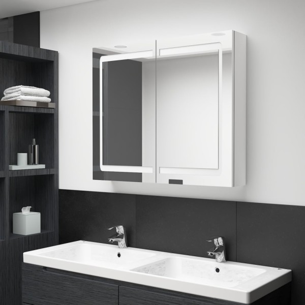 Mirror bathroom cabinet with LED, white, 80x12x68cm, glossy