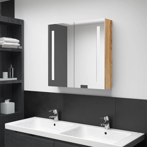 Mirror bathroom cabinet with LED, oak, 62x14x60cm