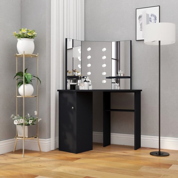 Corner dressing table with LED, black, 111x54x141.5cm