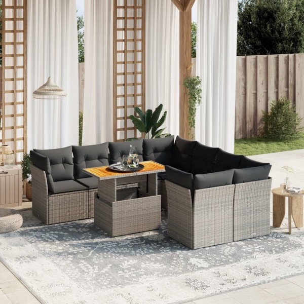 Sofa set with cushions, 9 pieces, gray, polyrattan