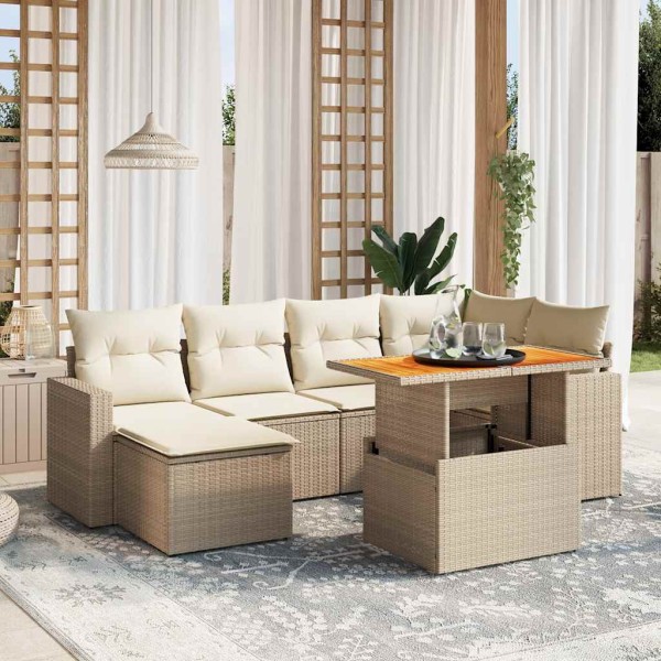 Sofa set with cushions, 7 pieces, sand, polyrattan
