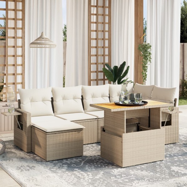Sofa set with cushions, 7 pieces, sand, polyrattan